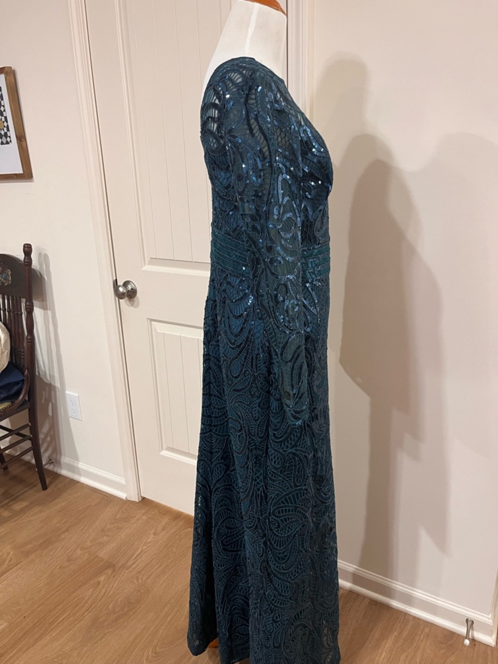 Tadashi Shoji Teal Long Sleeve Sequin Lace Gown - Picture 4 of 7